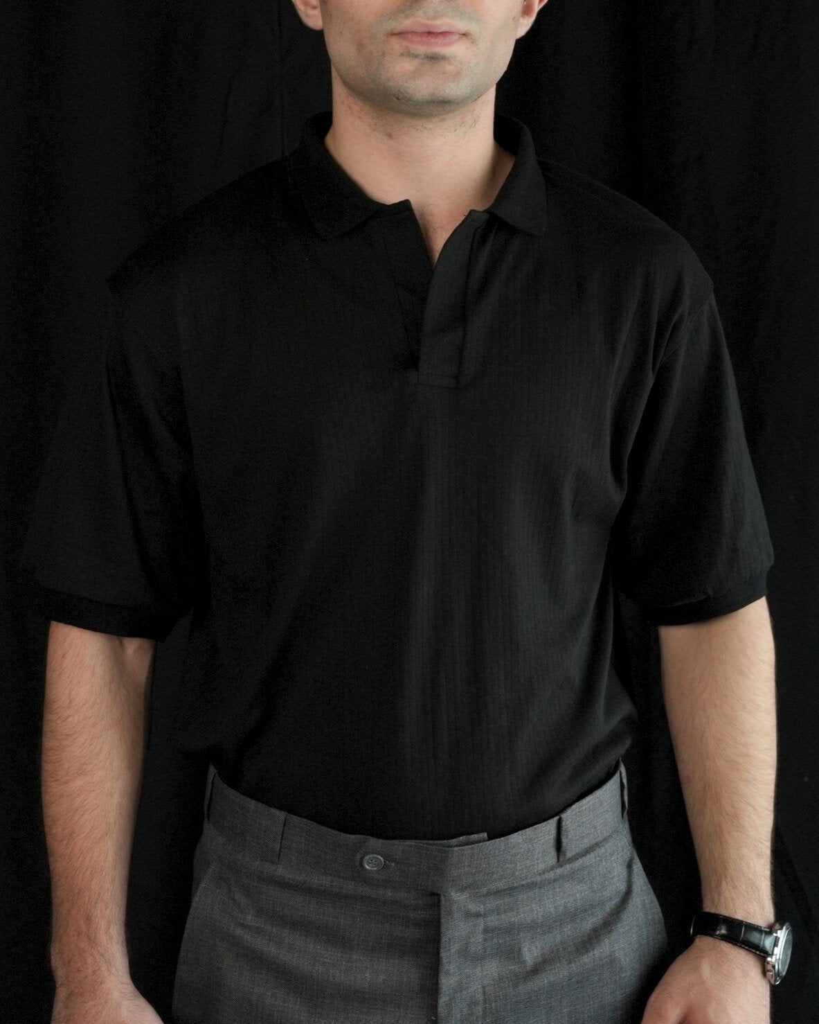 Black Drop Needle Knit Polo
