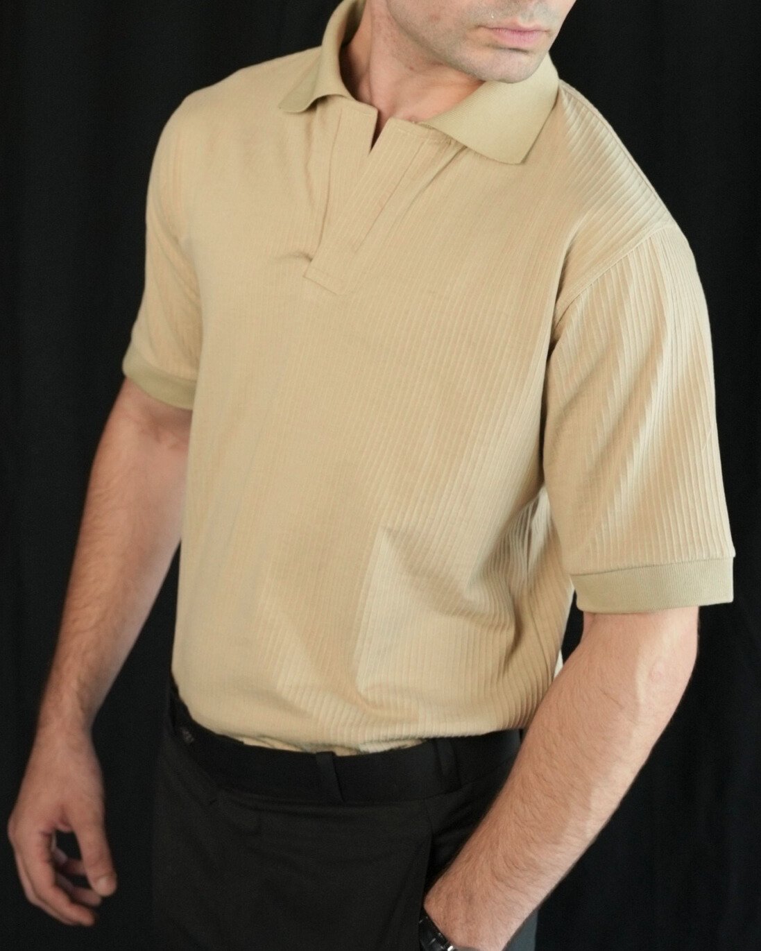 Beige Drop Needle Knit Polo