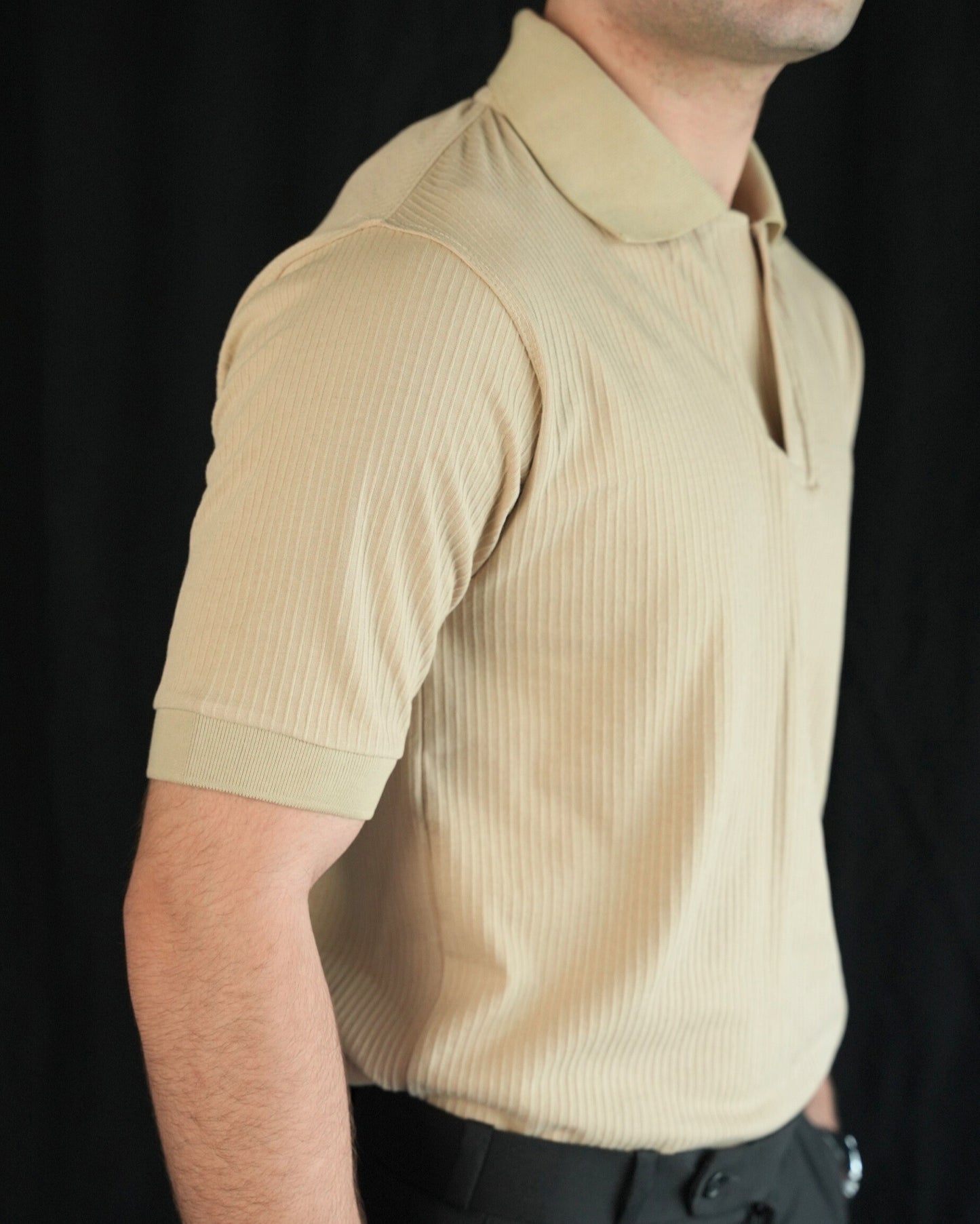 Beige Drop Needle Knit Polo